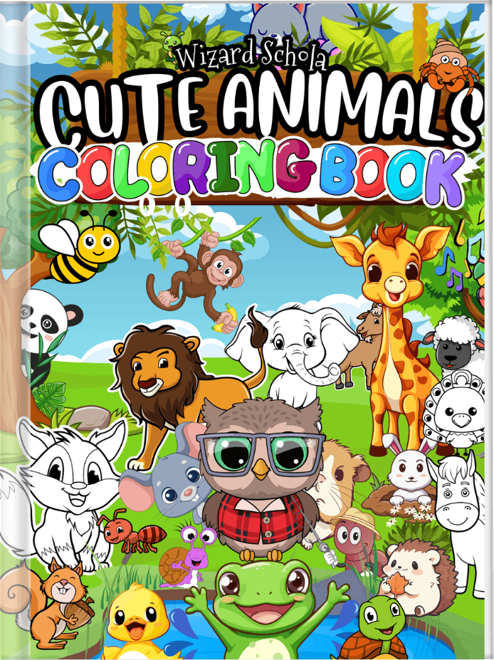 Cover of a children's coloring book featuring cartoon animals : a lion a monkey a giraffe , a horse a duck a frog and a turtle