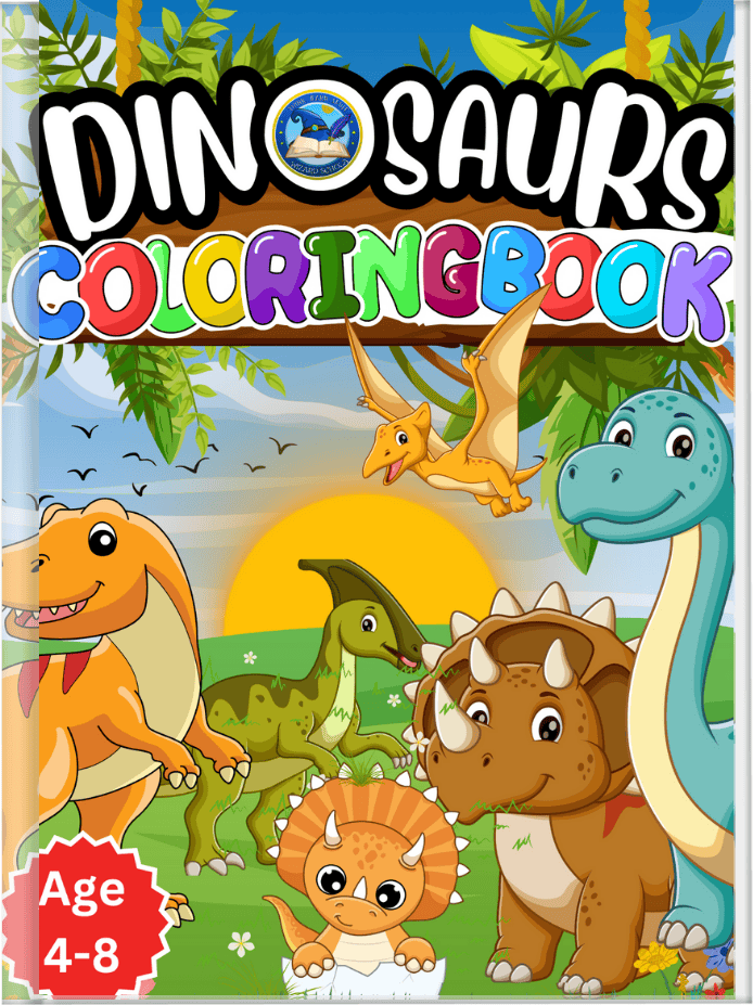 Cover of a children's coloring book featuring different dinosaurs standing in the jungle in front of the sun.