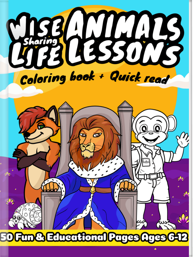 Cover of a children's Coloring Books for Kids featuring cartoon animals: a lion, a monkey, the monkey and the fox are standing behind a lion setting on his throne